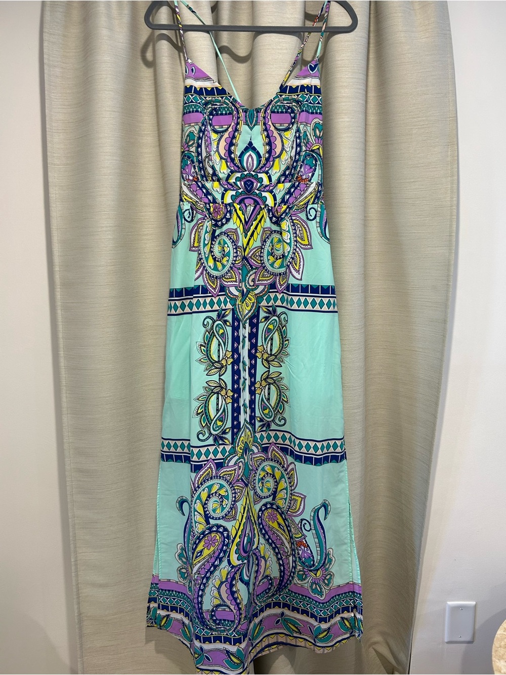 Mint Paisley-Print Spaghetti Strap Maxi Dress